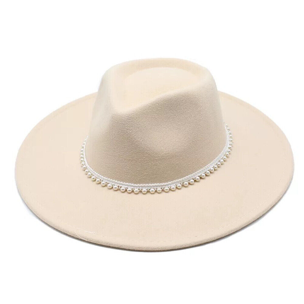 Womens Felt Fedora Hat Wide Brim Pearl Lady Wedding Dress Cap Party Jazz Hat image 2