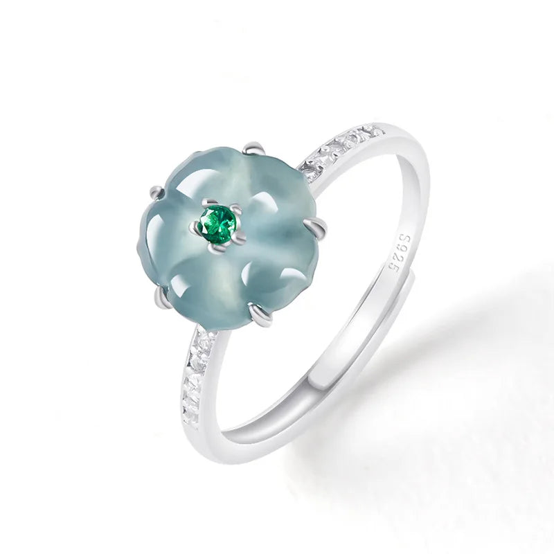 Blue Burmese Jadeite Flower Rings 925 Silver Natural Burmese Jade Luxury Talismans Fashion Accessories Gifts for Women