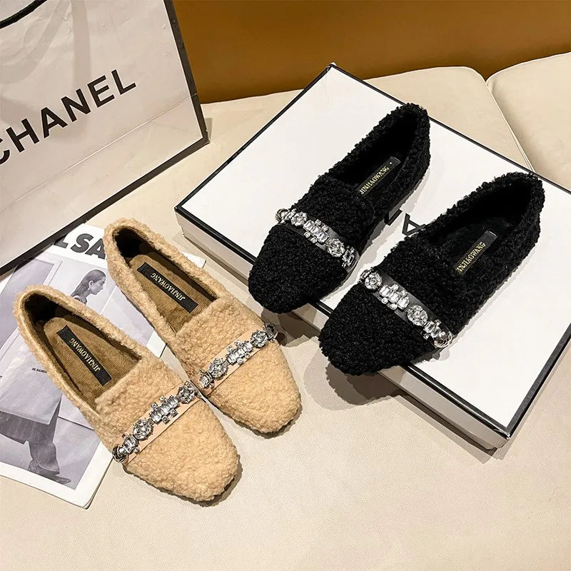 Women's Soft-Soled Plush Loafers, Korean Style Fur Shoes 2026 New Square-Toe Rhinestone Fleece Slip-Ons Cotton Shoes