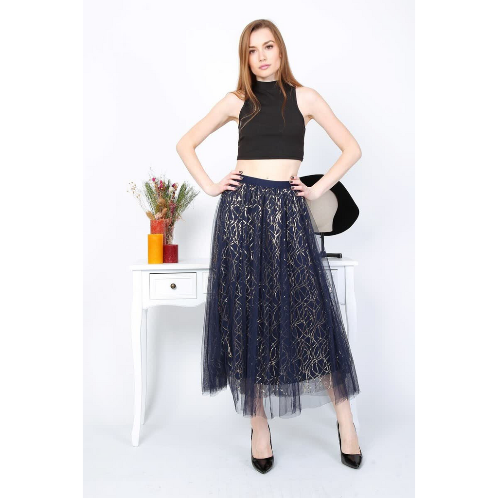 Women' s Elegant Long Tulle Skirt Gold Triple Layer Design Maxi Skirt image 2
