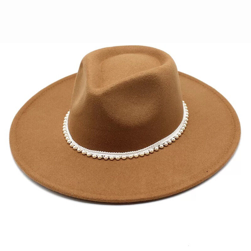 Womens Felt Fedora Hat Wide Brim Pearl Lady Wedding Dress Cap Party Jazz Hat image 0