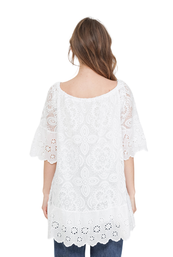 Ladies White Classic Mosaic Lace Floral Design Tunic Dress Holiday Cotton Top image 4