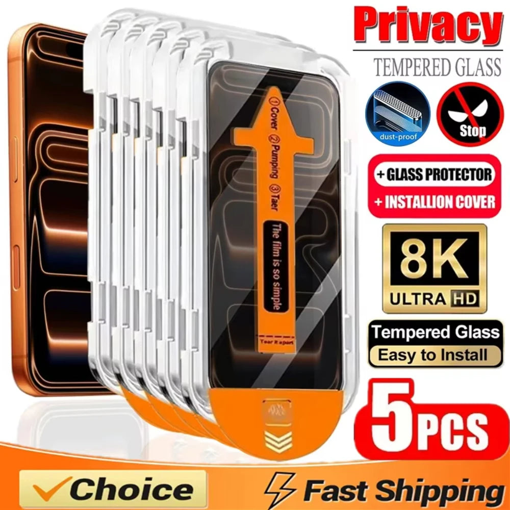 5PCS Privacy Screen Protector Dust Free Installation Protector for iPhone 17 16 15 14 13 12 11 Pro Max Anti-Spy Tempered Glass