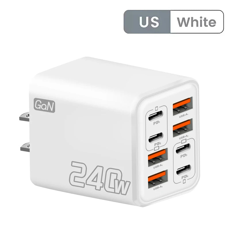 240W GaN USB C Charger 8 in 1 Fast Charging Phone Charger Power Adapter For iPhone Samsung Xiaomi Type C EU/US Plug Wall Charger