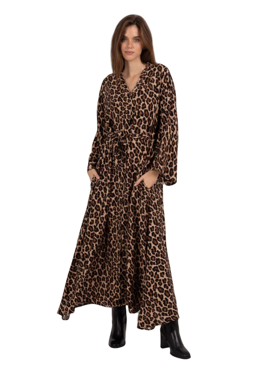 Long Sleeve Leopard Print Maxi Dress With Linen-Like Fabric Womens Dress Long image 0