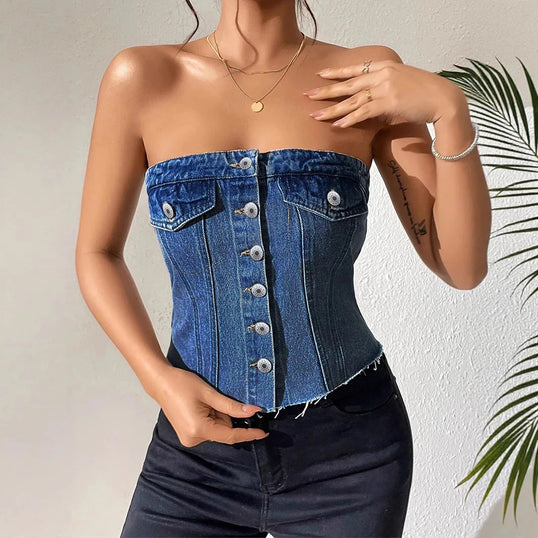 Denim Strapless Top Women Sleeveless Crop Tops Sexy Backless Single Breasted Washed Distressed Streetwear Y2k Camis Tanks Summer