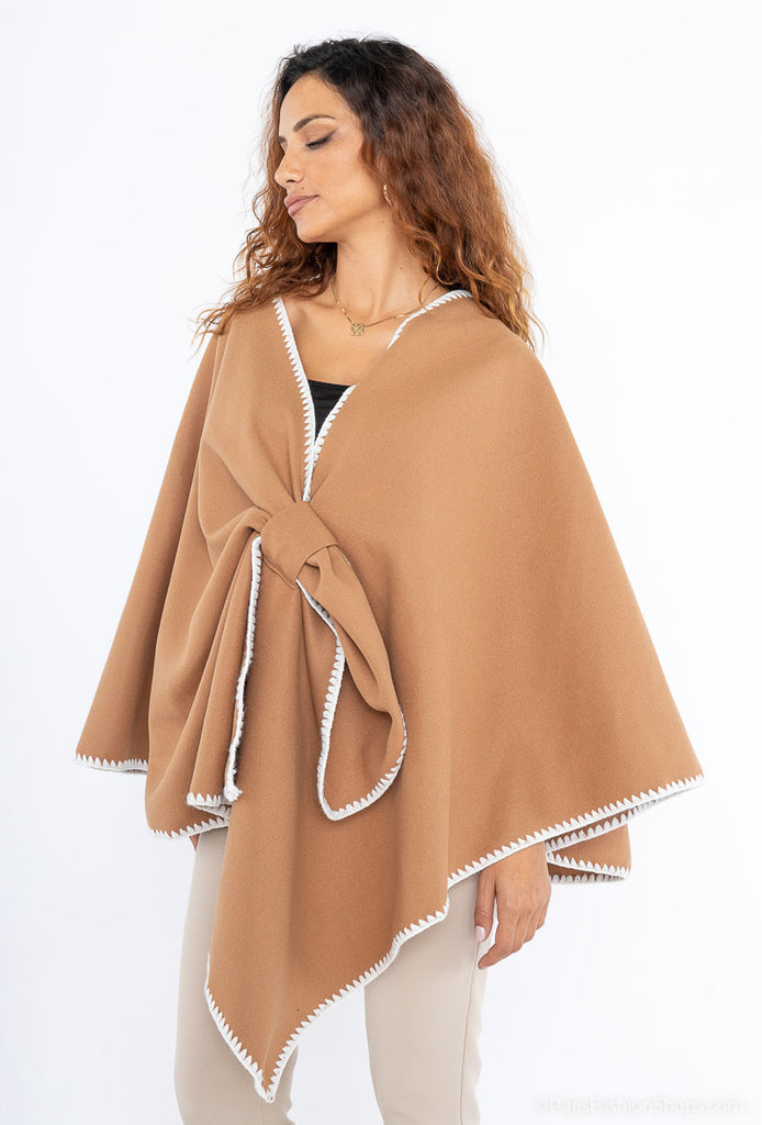 Women Winter Plan Colour Poncho With Tie Style Warm Comfortable Outdoor Poncho image 3