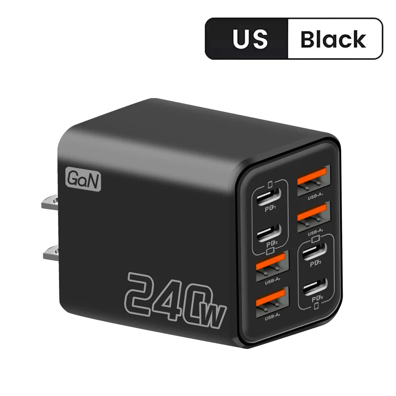 240W GaN USB C Charger 8 in 1 Fast Charging Phone Charger Power Adapter For iPhone Samsung Xiaomi Type C EU/US Plug Wall Charger