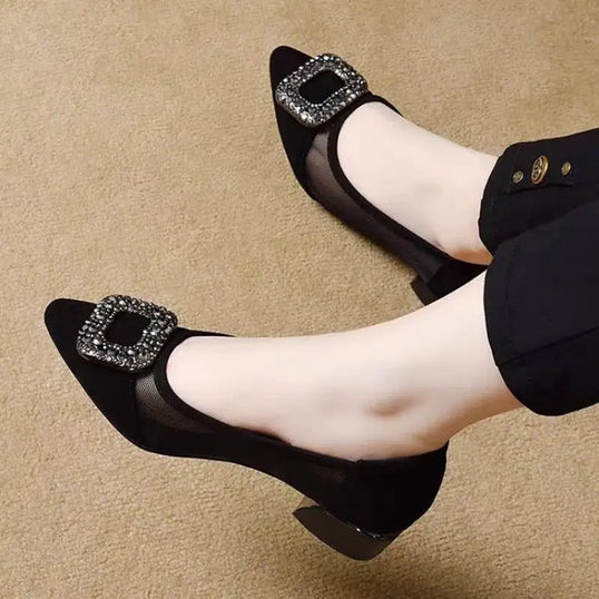 Elegant Pointed Toe Mesh Block Heel Pumps, Rhinestone Square Buckle Decorated Shallow Shoes,  Breathable Office Shoes for Women