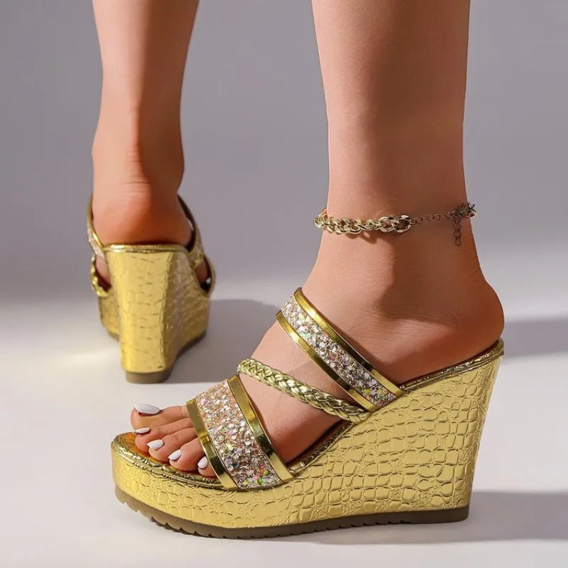 36-42 Plus Size Shoes for Women Summer Round Toe Platform Wedge Slip on Sequin Fashion Slippers Party Evening Dress Sandals