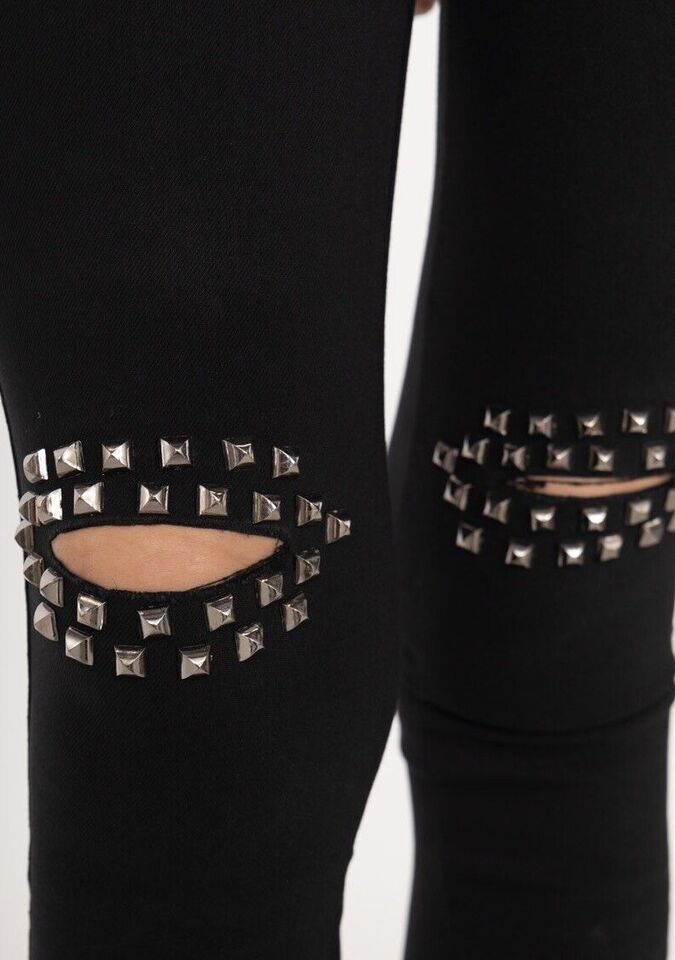 Womens Leggings Black High Waisted With Knee Studs Jeans Pockets Ladies Jeggings image 3