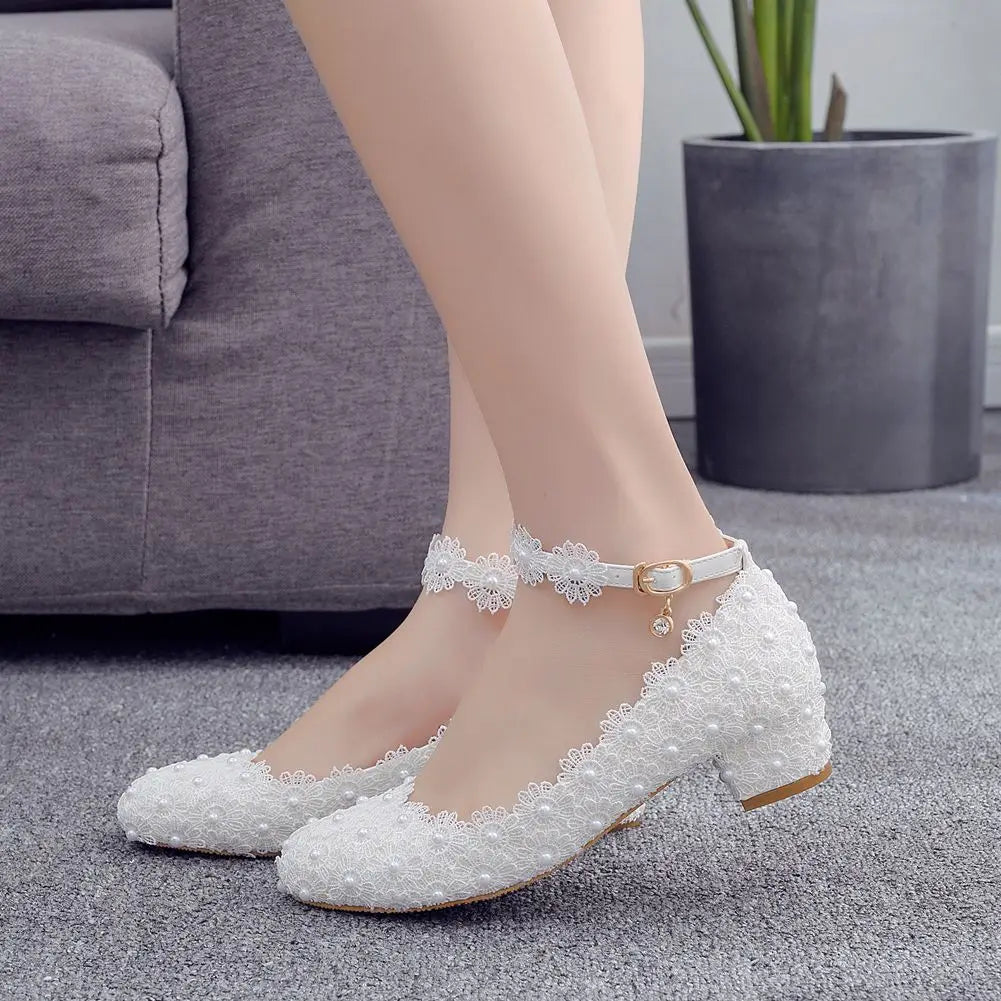 Women's Closed Toe Low Chunky Heel Pumps Ankle Strap Dress Shoes White Lace Pearls Wedding Party Dance Shoes