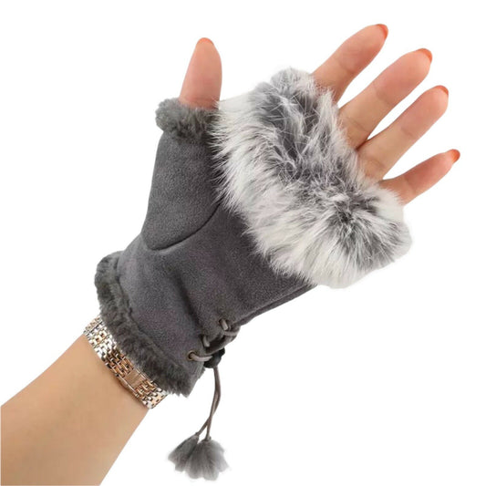 Ladies Gloves Winter Fur Suede Leather Fingerless Mittens Soft Thick Warm Gloves image 0