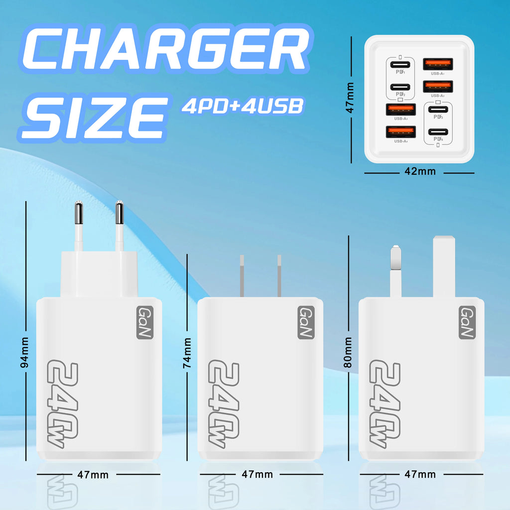 240W GaN USB C Charger 8 in 1 Fast Charging Phone Charger Power Adapter For iPhone Samsung Xiaomi Type C EU/US Plug Wall Charger