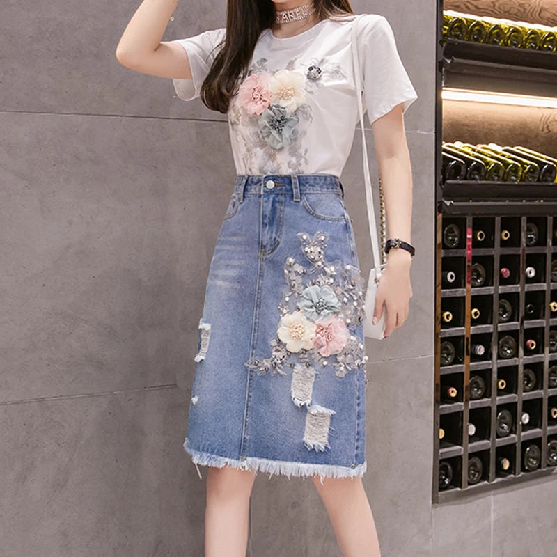 Women Heavy Work Embroidery 3D Flower Tshirts + Jeans Skirt 2pcs Clothing Sets Summer Casual Package Hip Denim Skirts Suits Y82
