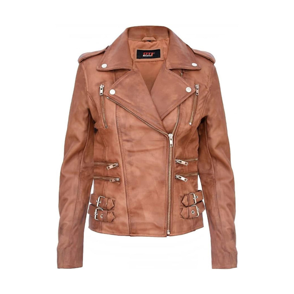 Women's Real Leather 100% Biker Jacket Casual Coat Winter Soft Multi Zip Jacket image 0
