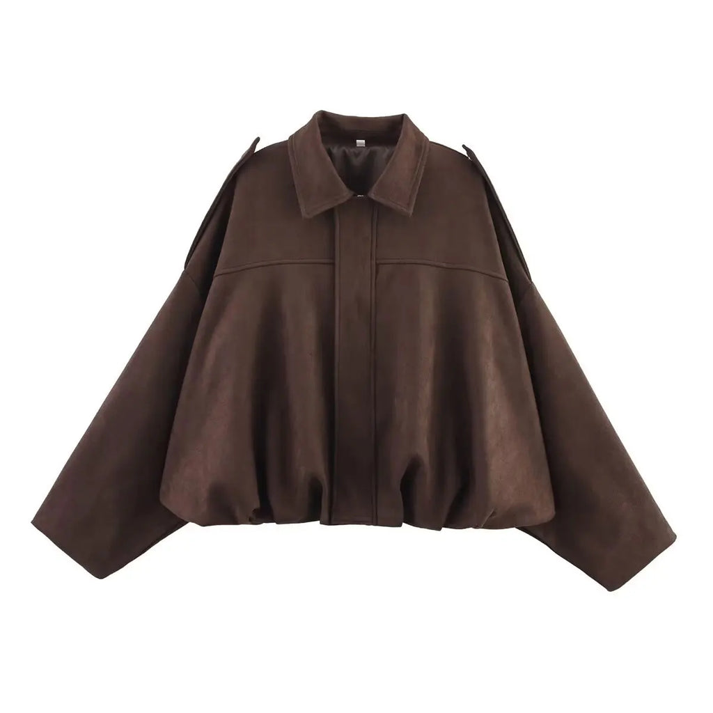 Women's Street Fashion Solid Loose Suede Texture Coats Causal Long Bat Sleeves Lapel Zipper Fly Winter Vintage Jackets