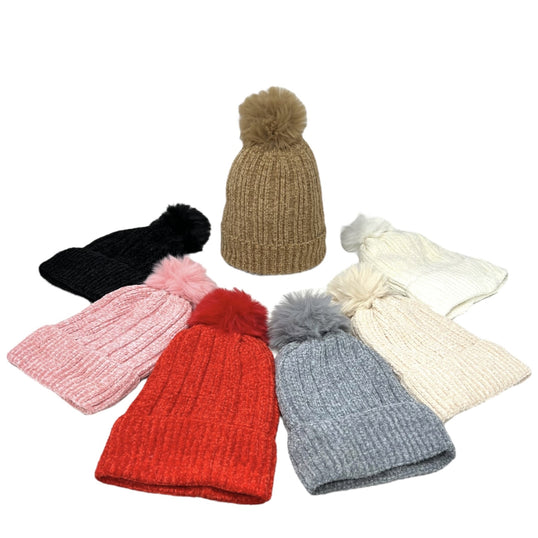 LADIES WOMENS WINTER KNITTED BEANIE SKI HAT DETACHABLE FAUX FUR BOBBLE POM POM image 1