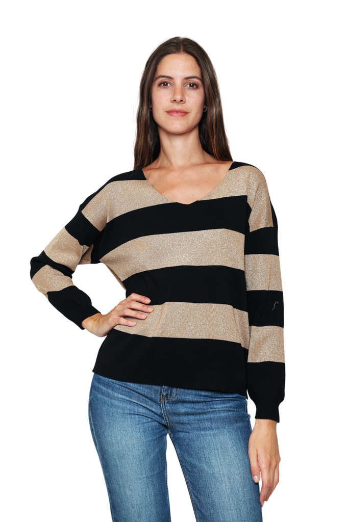 Women Sweater Stylish Split V-neck Sweater Pullover style Striped in Lurex image 2