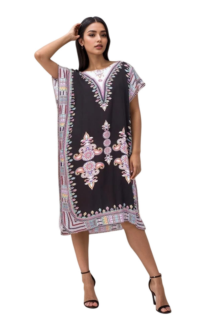 Womens Dress Cotton Kaftan Dress Summer Mid African Beach Tshirt Printed Top image 2