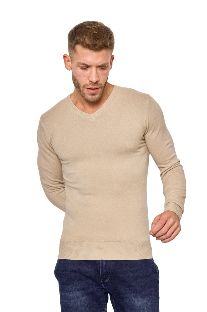Mens Jumper V-Neck Pullover Winter Sweater Ribbed Waist And Sleeves Fitted Top image 2