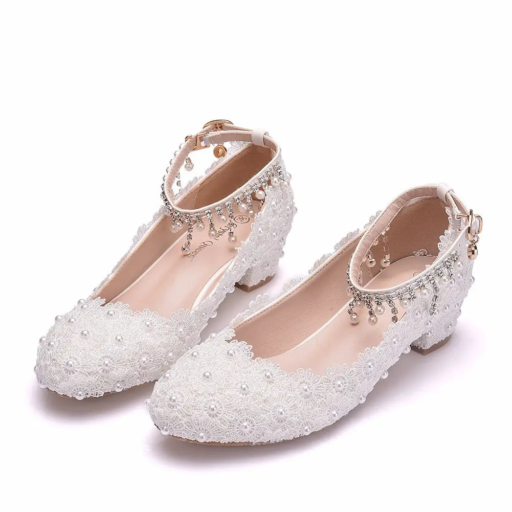Women's Closed Toe Low Chunky Heel Pumps Ankle Strap Dress Shoes White Lace Pearls Wedding Party Dance Shoes