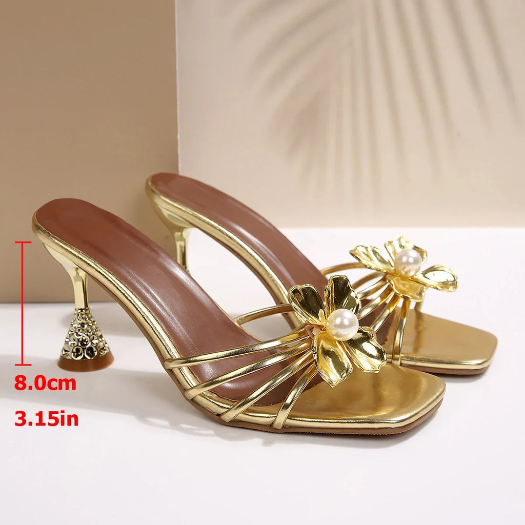 Vintage Metal Flower Crystal Cone Heel Sandals Summer Pearl Square Toe Dress Gold Sandals Woman Plus Size 35-43 Slip On Shoes