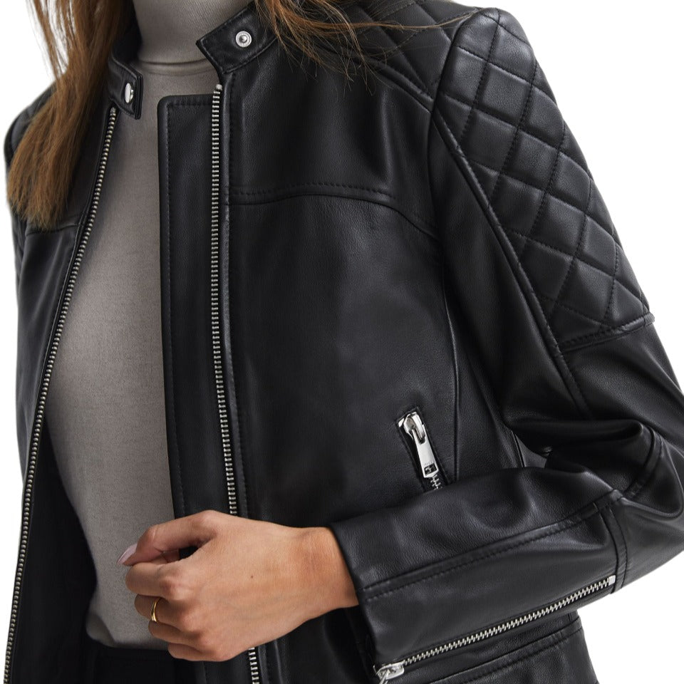 Ladies Real Leather Jacket Collarless Quilted Black Zip up Casual Biker Jacket image 1