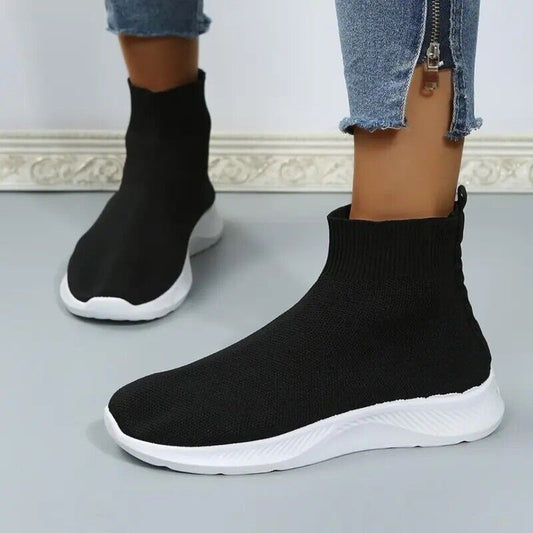 Ladies High Top Sneakers Slip On Casual Shoes Black Knitted Trainers Breathable image 0