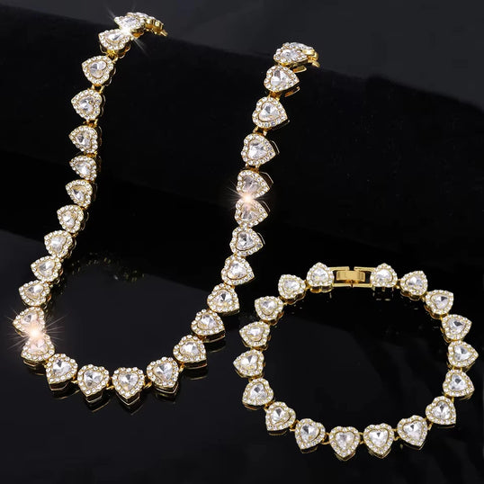 ZAKOL 45CM New Hip Hop Tennis Chain Bracelet Necklace Shiny Heart Rhinestone CZ Fashion Rock Party Jewelry Set