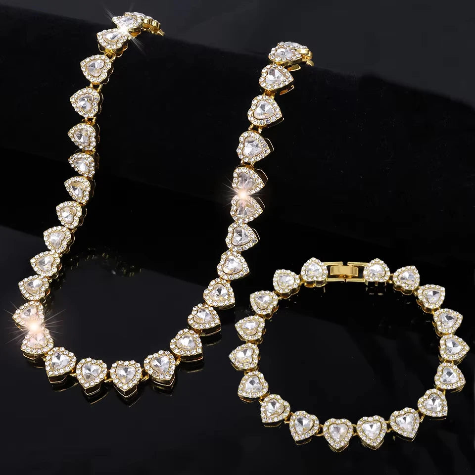 ZAKOL 45CM New Hip Hop Tennis Chain Bracelet Necklace Shiny Heart Rhinestone CZ Fashion Rock Party Jewelry Set