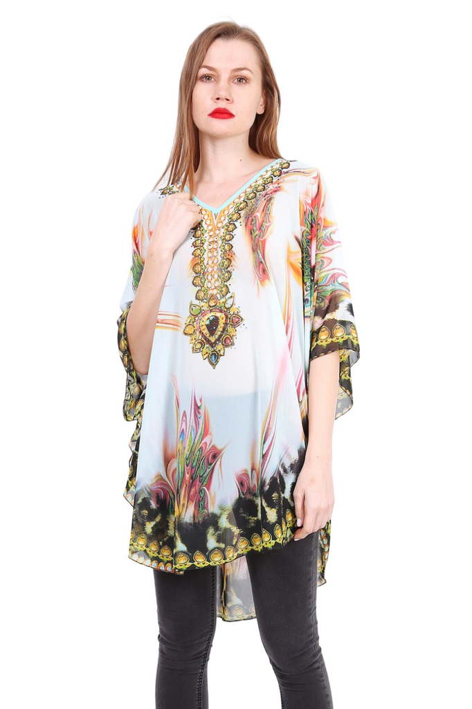 Ladies Printed poncho with rhinestones Summer Top Tunic Holiday Casual Oversized image 1