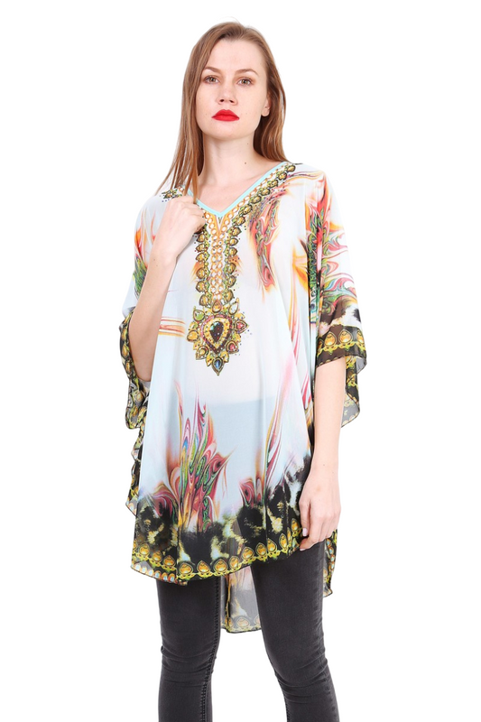 Ladies Printed poncho with rhinestones Summer Top Tunic Holiday Casual Oversized image 1