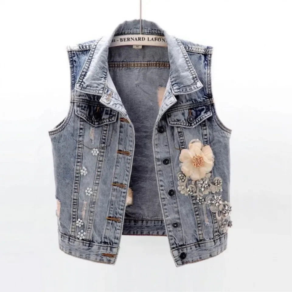 Fashion Diamond-encrusted Vest For Women'S Autumn Sleeveless Short Floral New Casual Retro Vest