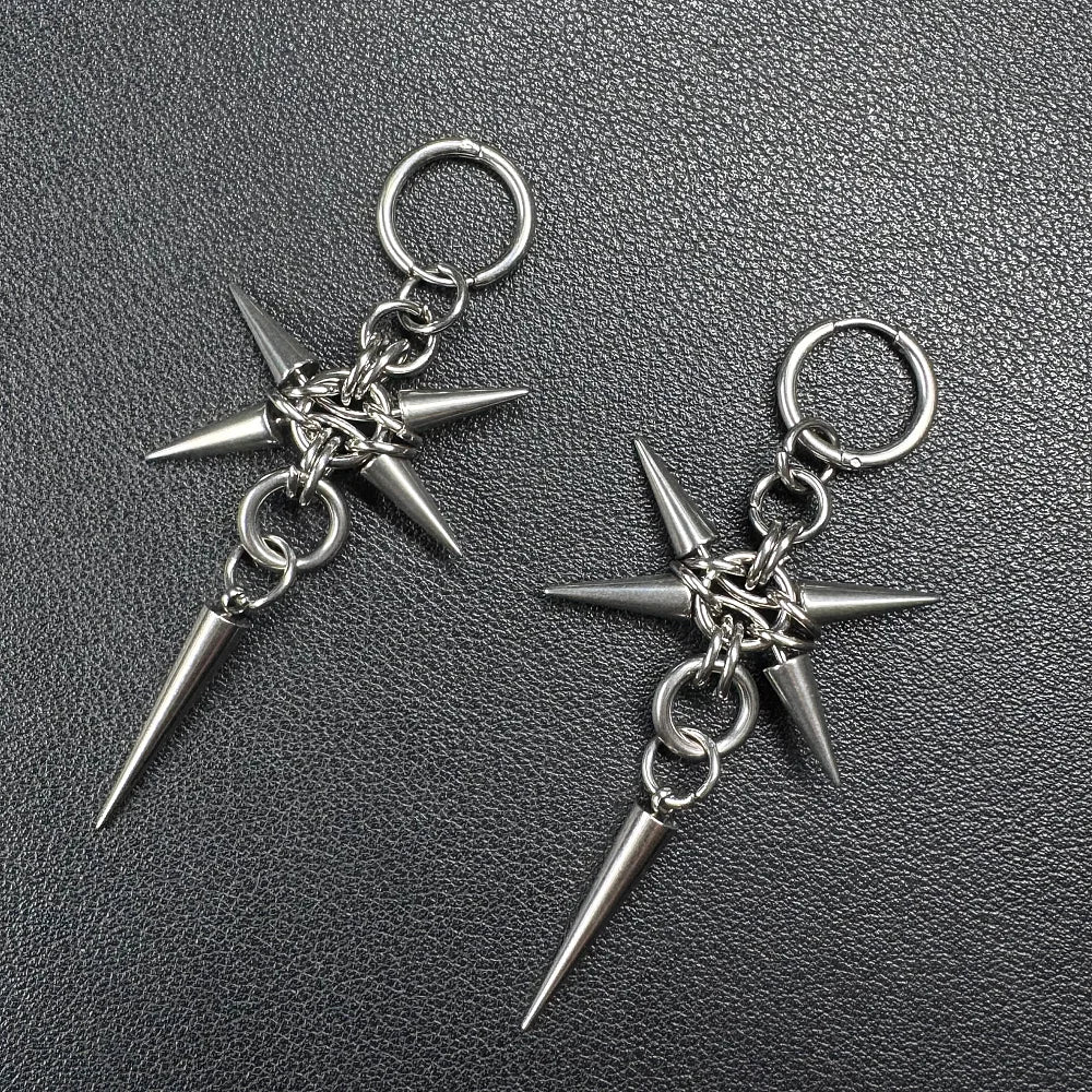 Gothic Stainless Steel Hoops Spike Piercing Long Dangle Earrings Handmade Punk y2k Chainmail Rivet Drop Earrings Rock Jewelry