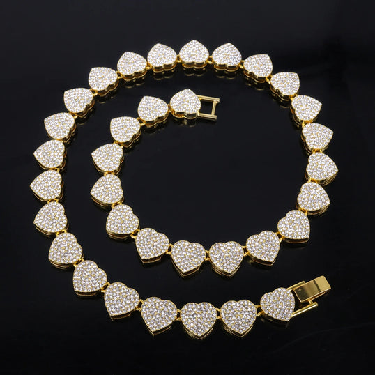 ZAKOL 45CM New Hip Hop Tennis Chain Bracelet Necklace Shiny Heart Rhinestone CZ Fashion Rock Party Jewelry Set
