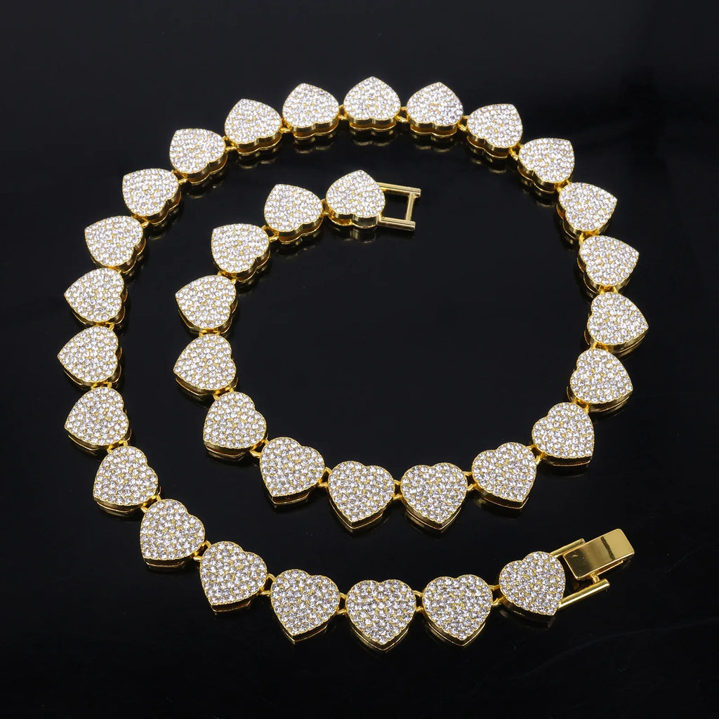 ZAKOL 45CM New Hip Hop Tennis Chain Bracelet Necklace Shiny Heart Rhinestone CZ Fashion Rock Party Jewelry Set