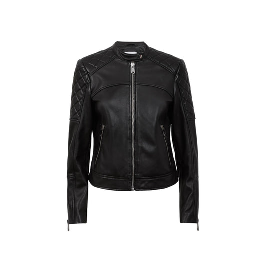 Ladies Real Leather Jacket Collarless Quilted Black Zip up Casual Biker Jacket image 0