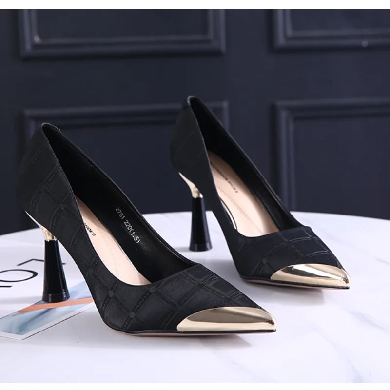 Metal Pointed Slender Heels for Women Gentle Black Pumps for Women Elegant Evening Dress Party Shoes