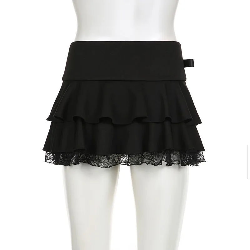 Black Tiered Mini Skirt with Lace Trim Ribbon Bow A Line Microskirt Women Miniskirt E-Girl Y2K Grunge Goth Coquette Lolita Style