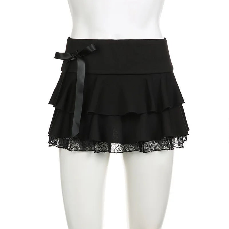Black Tiered Mini Skirt with Lace Trim Ribbon Bow A Line Microskirt Women Miniskirt E-Girl Y2K Grunge Goth Coquette Lolita Style