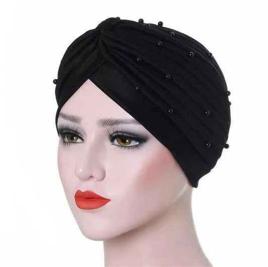 Ladies Turban Hat Beaded Pearls Muslim Wrap Hair Cap Hijab Head Scarf Bandanna image 1
