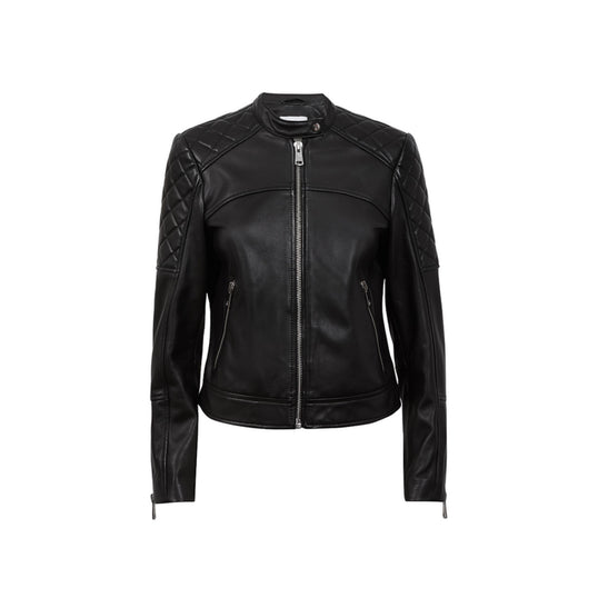 Ladies Real Leather Jacket Collarless Quilted Black Zip up Casual Biker Jacket image 0