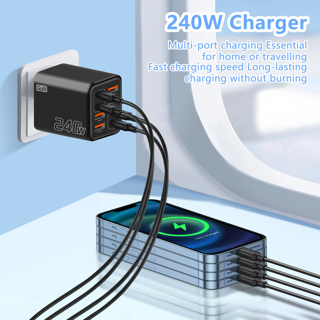 240W GaN USB C Charger 8 in 1 Fast Charging Phone Charger Power Adapter For iPhone Samsung Xiaomi Type C EU/US Plug Wall Charger