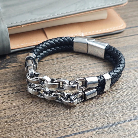 Multi layer men's leather bracelet stainless steel mechanical feel Cuban chain geometric pattern Bangles for Male Jewelry Gift