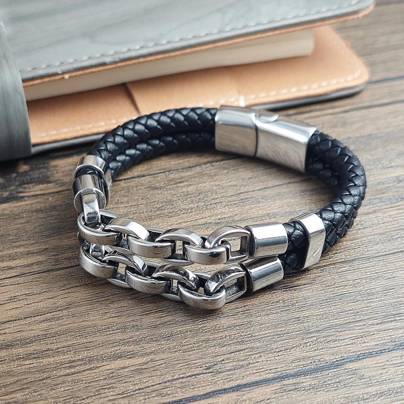 Multi layer men's leather bracelet stainless steel mechanical feel Cuban chain geometric pattern Bangles for Male Jewelry Gift