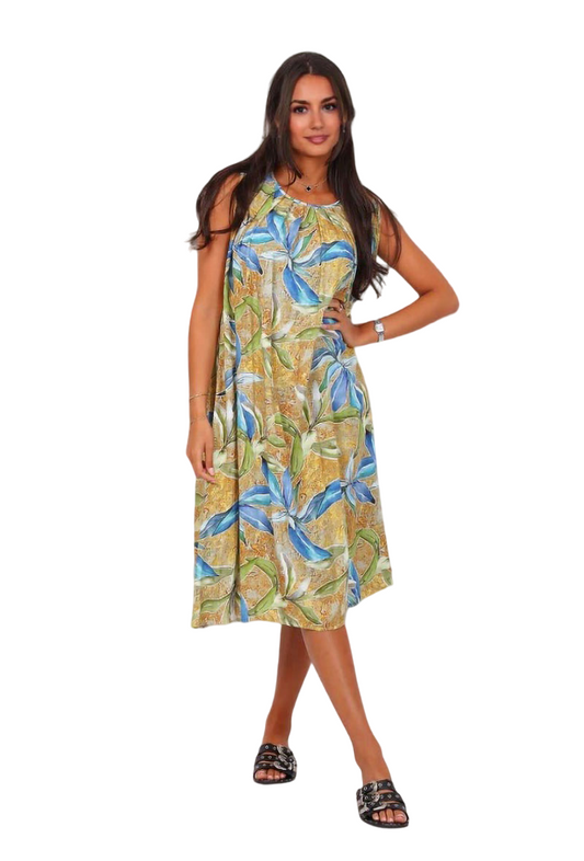 Ladies Printed Cotton Dress Holiday Sleeveless Summer Midi Dress image 0