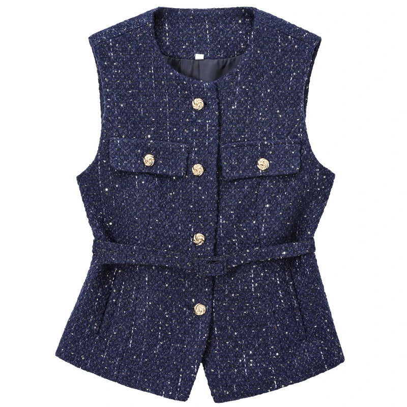 HXAO Women's Vest Summer 2025 Blue Off White Black Vest Textured Waistcoat Woman Button Sleeveless Vest Women Fashion Outerwears
