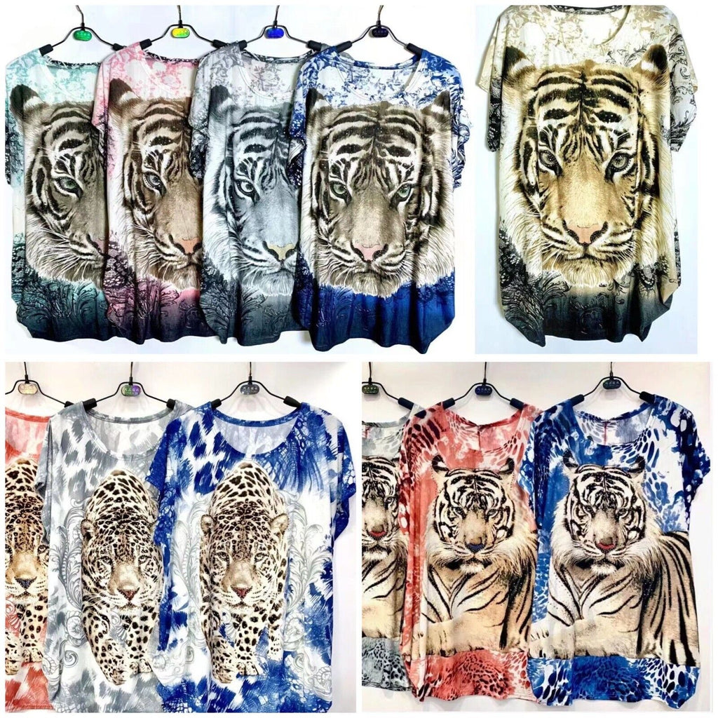 Ladies Cap Sleeve Tiger T Shirt Summer Top Animal Print Shirt Diamante Plus Size image 4