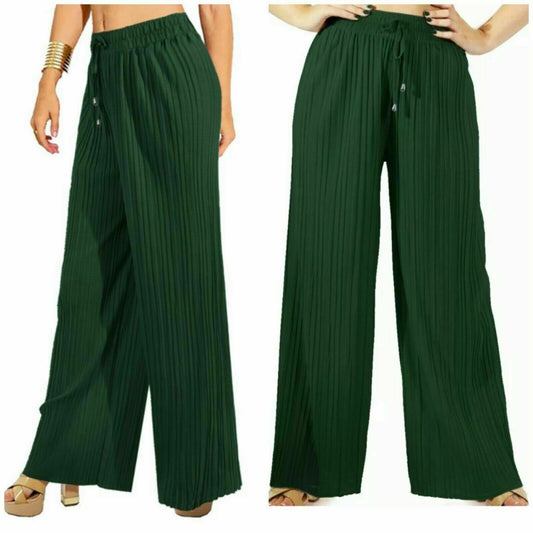 Women's Wide Leg Trousers Harem Pleated Crinkle Flared Pants Palazzo Plain Baggy image 0